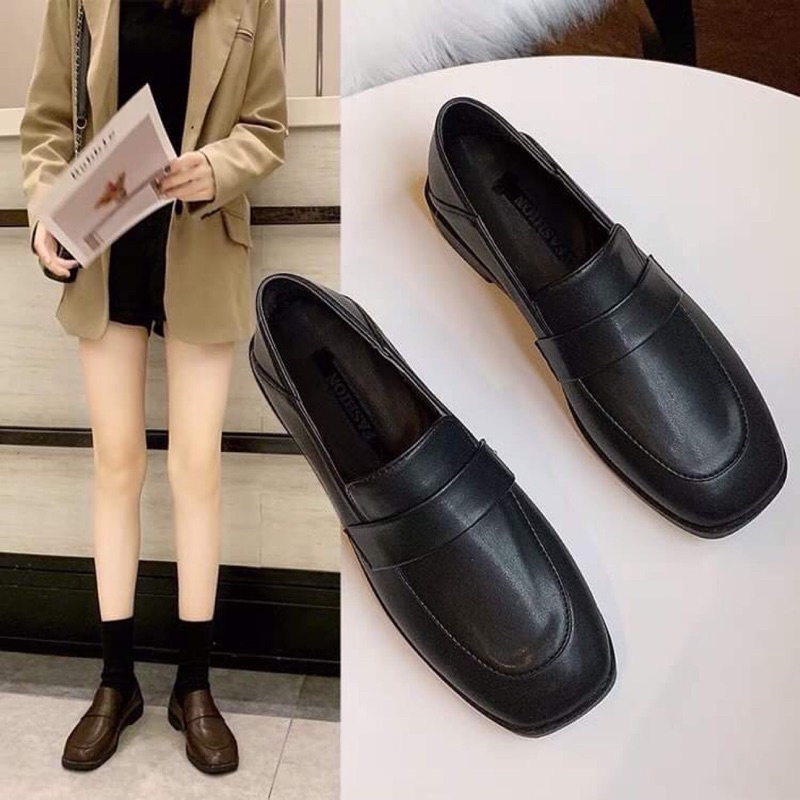 Giày loafer mũi vuông bệt đeo 2 kiểu vintage Hàn quốc