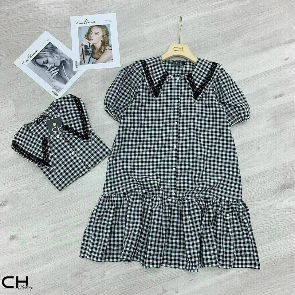 Đầm caro đen dáng suông đuôi cá, đầm tay búp cổ bèo ren phối nút,đầm bánh bèo babydoll đi chơi xinh xắn
