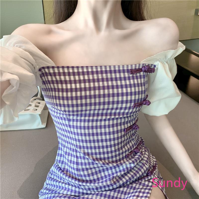 Đầm Ca Rô Lưng Cao Phối Nút Xinh Xắn Cổ Điển Cho Nữ