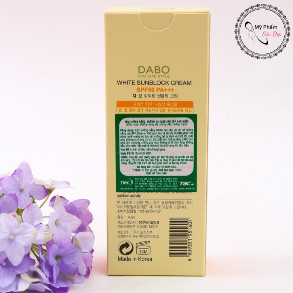 Kem chống nắng DABO White Sunblock Trắng da kiềm dầu lâu trôi chống nắng trên 8 tiếng (Chính hãng)