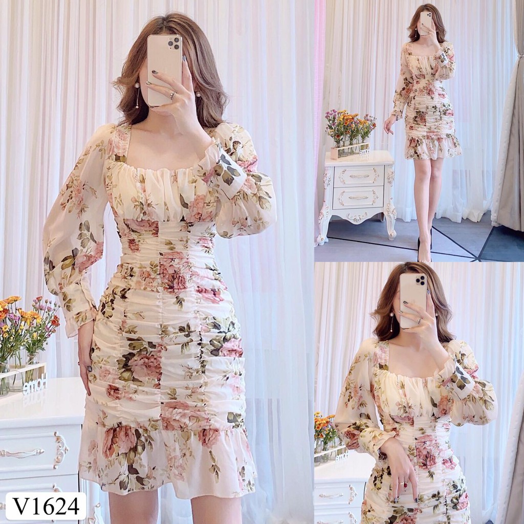 Váy voan hoa chun nhún thân siêu hot V1624 -DVC - MH (ẢNH THẬT) thiết kế dự tiệc công sở