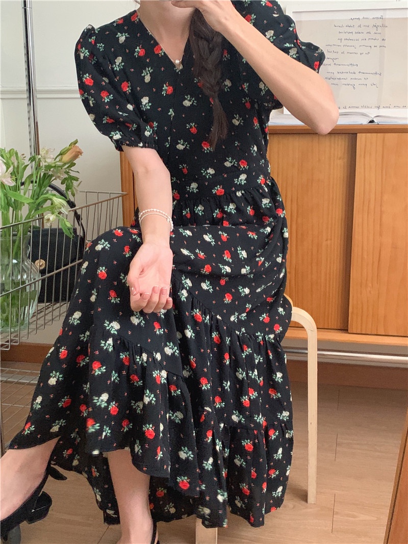 Đầm Hoa Ngắn Tay Cổ Chữ V Thời Trang Hàn Quốc Mới 52110