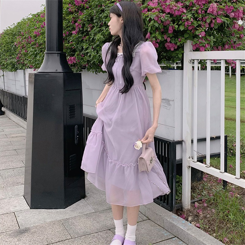 【24h gửi】Đầm Tay Phồng Dáng Dài Chiết Eo Màu Tím Phong Cách Pháp Trẻ Trung
