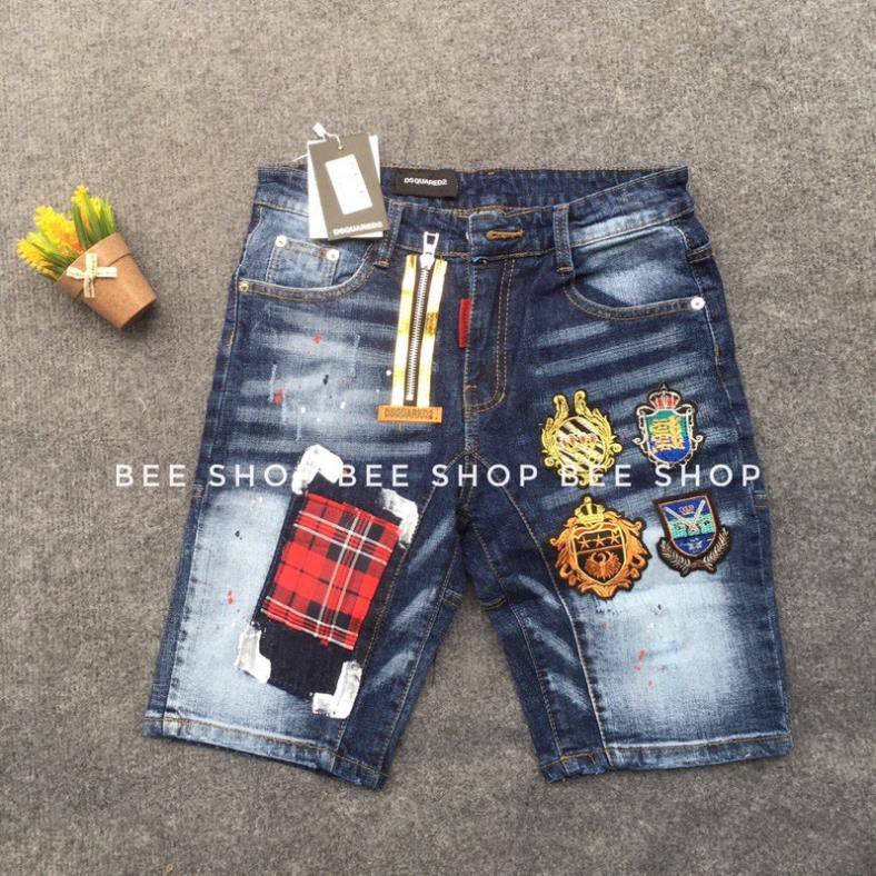 Quần bò ngố nam Dsq đính huy hiệu vá đỏ , quần jean nam, quần short bò 4 logo - Bee Shop xịn