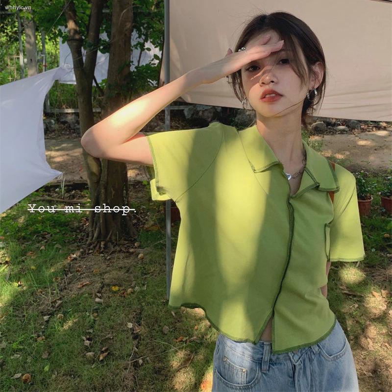 Áo Thun Croptop Cổ Polo Tay Ngắn Dáng Rộng Thiết Kế Mới Phong Cách Hàn Quốc Thời Trang Mùa Hè Cho Nữ 2021