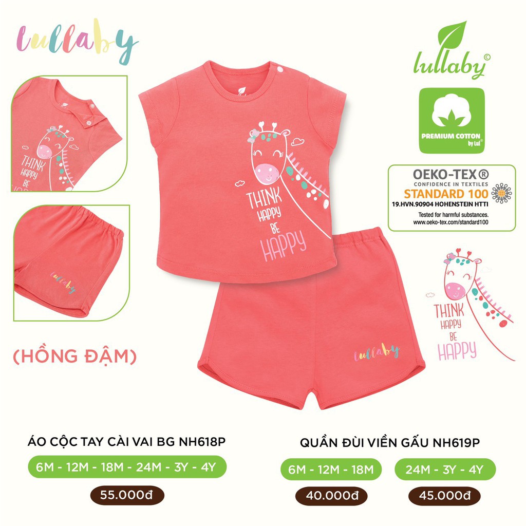 Bộ cộc tay Lullaby Premium Cotton vải mát nhẹ cao cấp da bé thấm hút tốt an toàn da bé in hình thú cưng bé gái NH618P