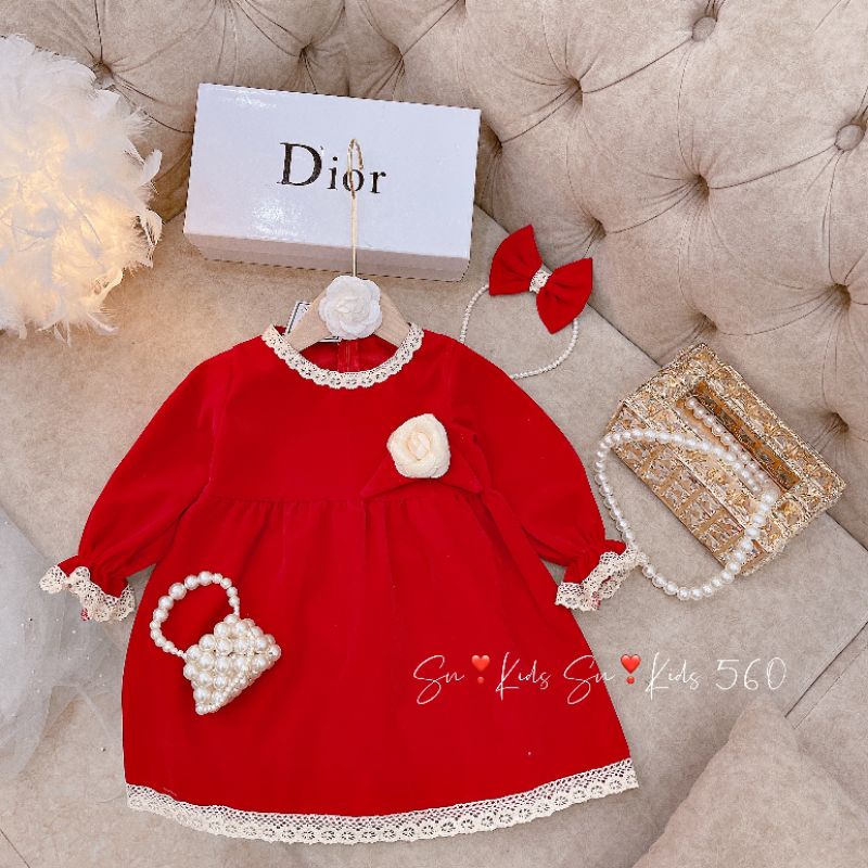 Váy Nhung Đỏ Đính Hoa Kèm Nơ Cài Điệu Đà Cho Bé Gái size 1-7 tuổi (10-20 kg)