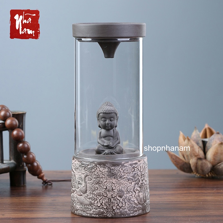 Thác khói trầm hương tháp chuông lồng kính thắp trầm bằng gốm tử sa cao cấp tặng 3 nụ trầm
