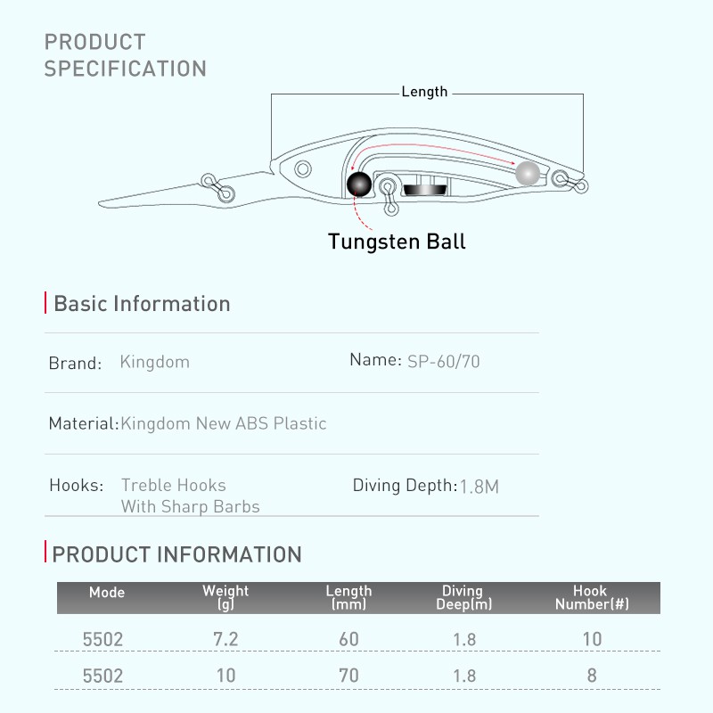 Mồi câu cá nhân tạo KINGDOM 60mm 7.2g 70mm 10g thiết kế móc đôi