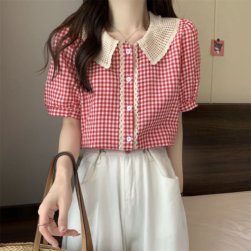 Áo Sơ Mi Tay Ngắn Dáng Rộng Cổ Búp Bê Kẻ Sọc Ca Rô Thiết Kế Mới Thời Trang Mùa Hè Cho Nữ