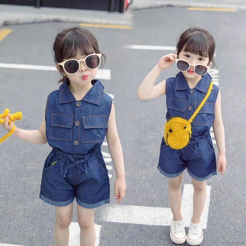 Bộ quần áo denim không tay dễ thương cho bé gái