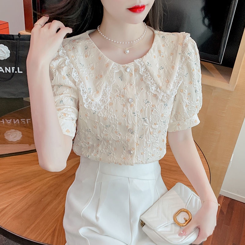 Áo Kiểu Tay Ngắn Phồng Cổ Búp Bê In Họa Tiết Hoa Thời Trang Mùa Hè Phong Cách Hàn Quốc Cho Nữ