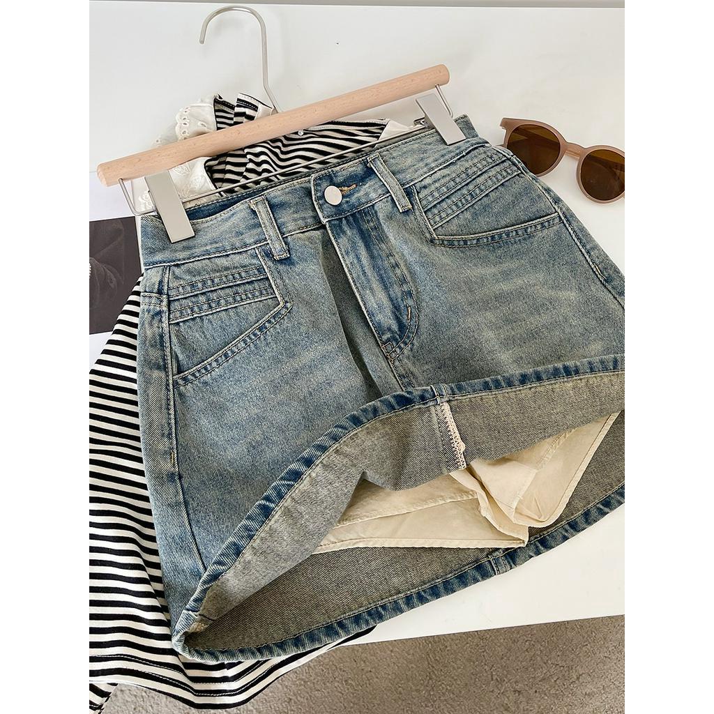 Chân Váy Denim Chữ A Lưng Cao Màu Xanh Dương Phong Cách Mới 65143