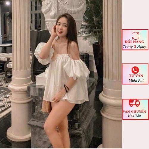 Áo trễ vai babydoll nữ tay bồng dáng suông oversize phom rộng tiểu thư bánh bèo đi biển Hàn Quốc