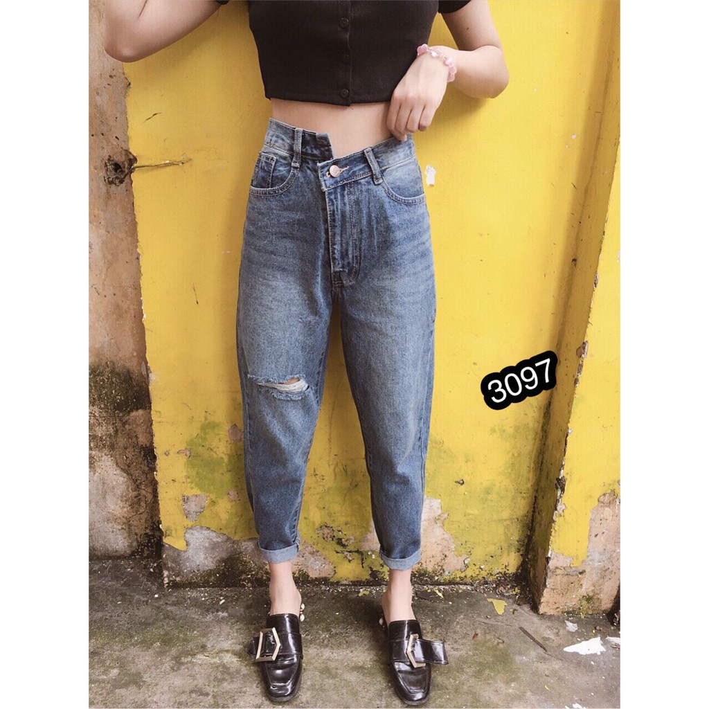 Quần Jeans Nữ Lệch Nút Cài Phong Cách OHS3097