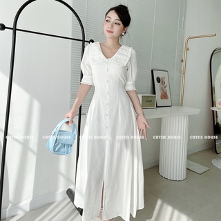 (Có Bigsize) - ĐẦM CỔ ĐẮP NÚT BỌC XẺ - MH09