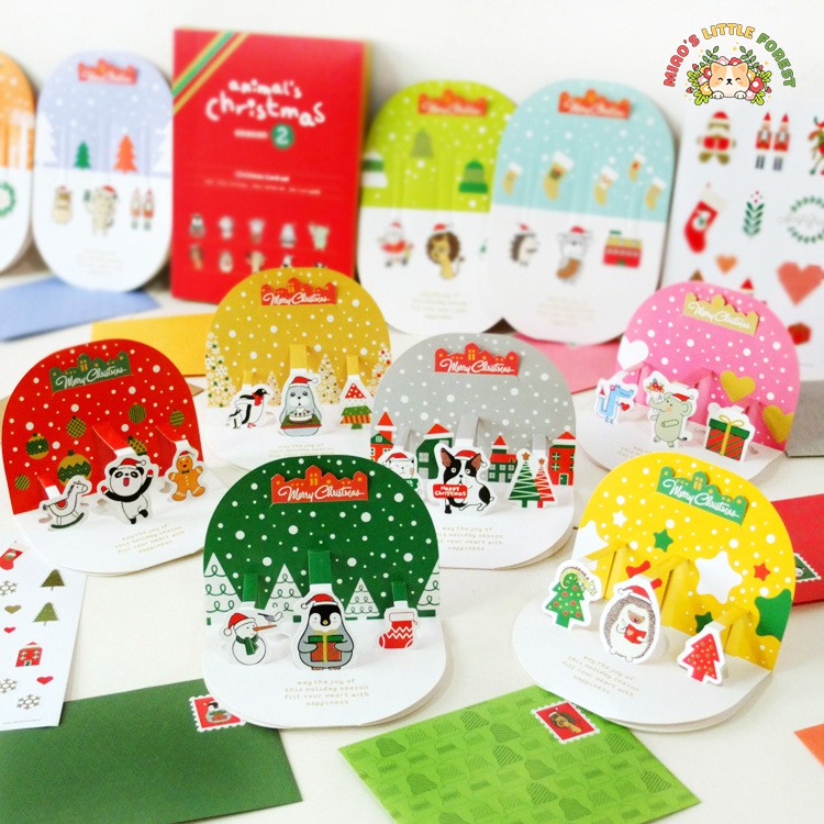 Thiệp Noel MIAO'S LITTLE FOREST set thiệp Giáng Sinh mini kèm theo bao thư giấy xinh xắn và sticker niêm phong