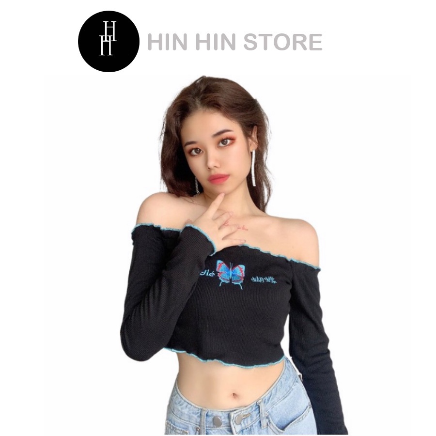 Áo croptop tay dài trễ vai bướm HAC41 - Hỉn Hỉn Store