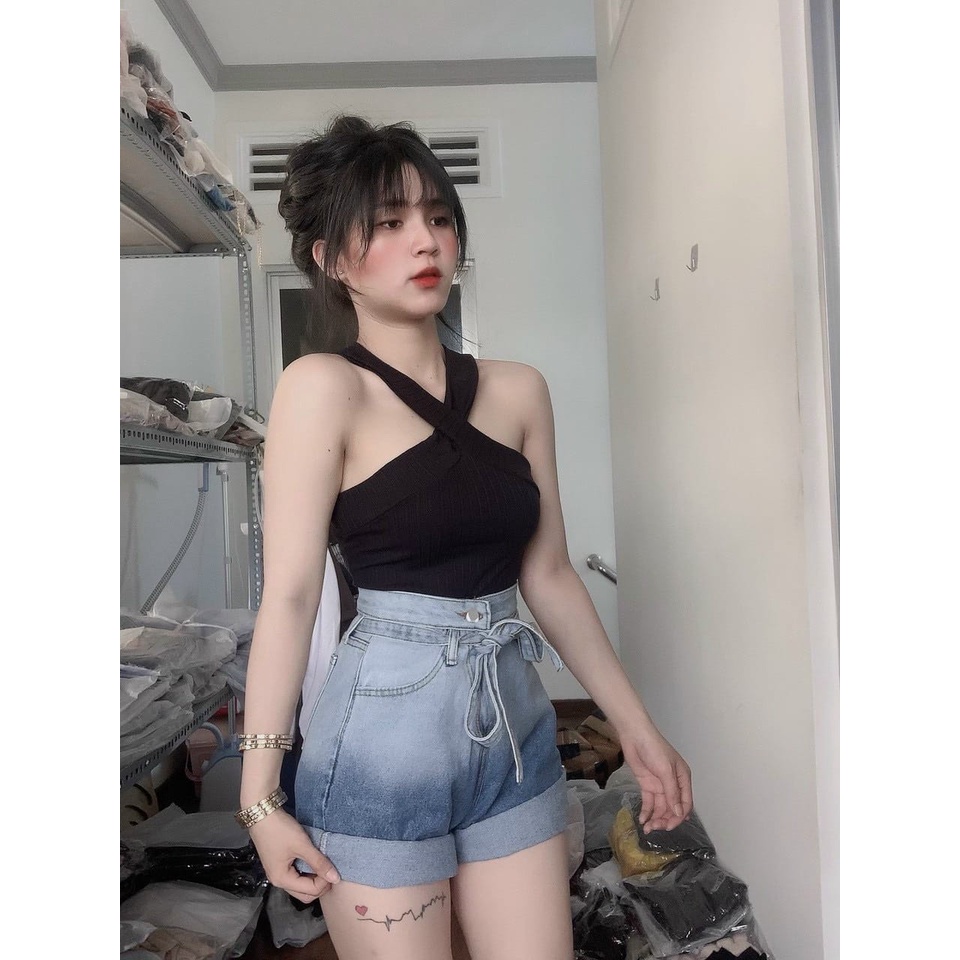 quần short jean gập gấu,hack dáng,lưng cao có dây buộc