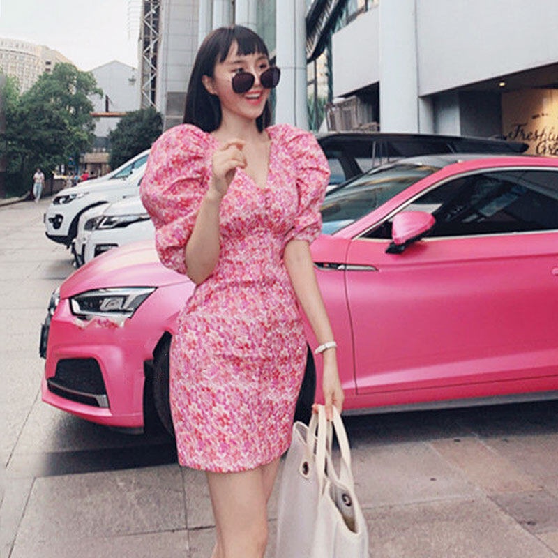 TAFON Elegant French Puff Sleeve Fashion Floral Dress