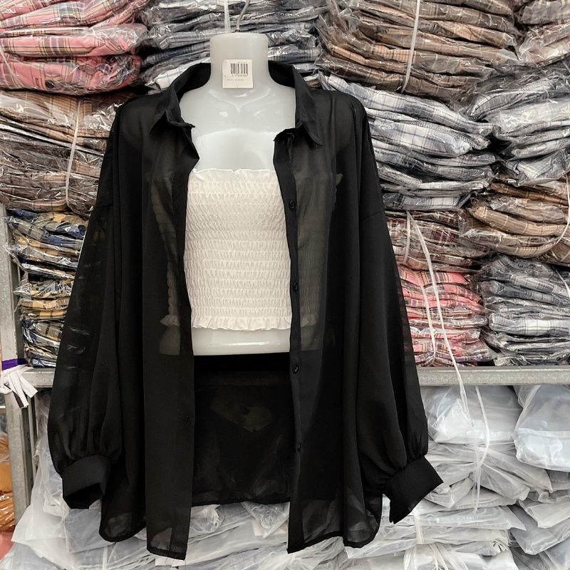 Sét áo sơ mi phôm rộng và áo ống nhún (2 món y hình)