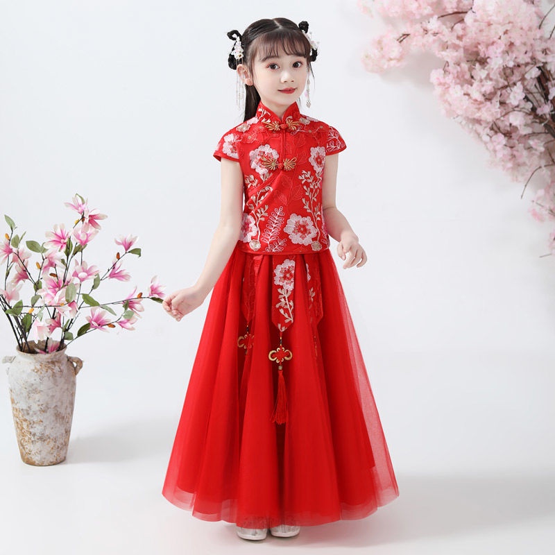 Bộ Đầm Sườn Xám Tay Ngắn Phong Cách Trung Hoa Thời Trang Mùa Hè Xinh Xắn Cho Bé Gái