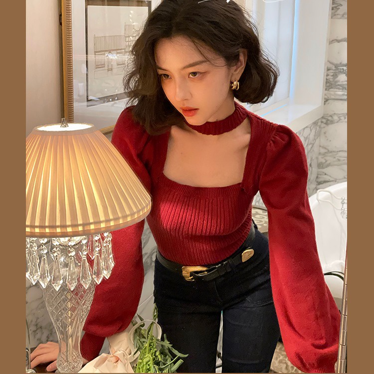 SUXI Áo dài tay khoét ngực cổ vuông thiết kế mới thời trang phong cách Hàn quốc cho nữ