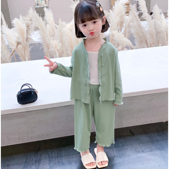 Đồ ngủ trẻ em vừa và nhỏ mùa xuân hè cho bé gái mới quần dài ống rộng cardigan Hàn Quốc phục vụ tận nhà