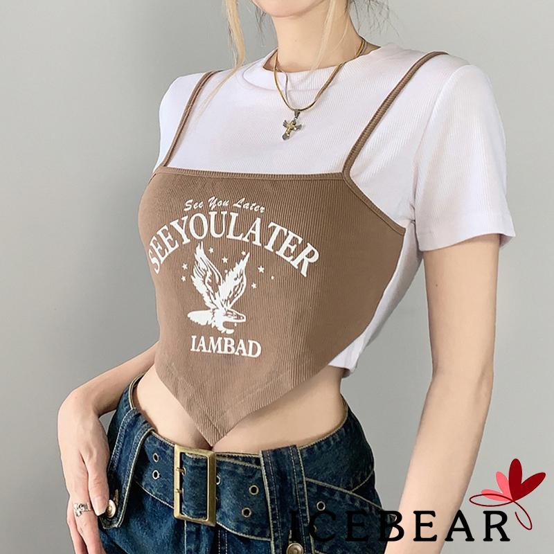 Áo Thun Crop Top Cổ Tròn Tay Ngắn In Chữ Màu Sắc Tương Phản Dành Cho Nữ