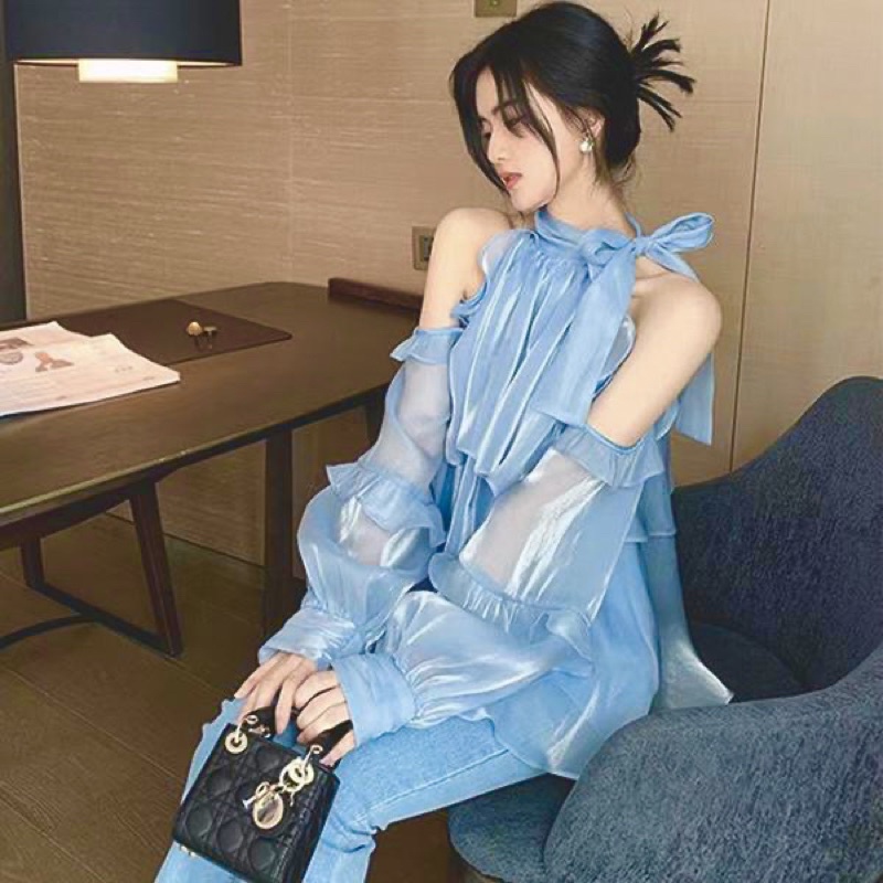 Áo Voan Hở Vai Tay Bèo Nơ Cổ Vải Voan Lụa Organza Óng