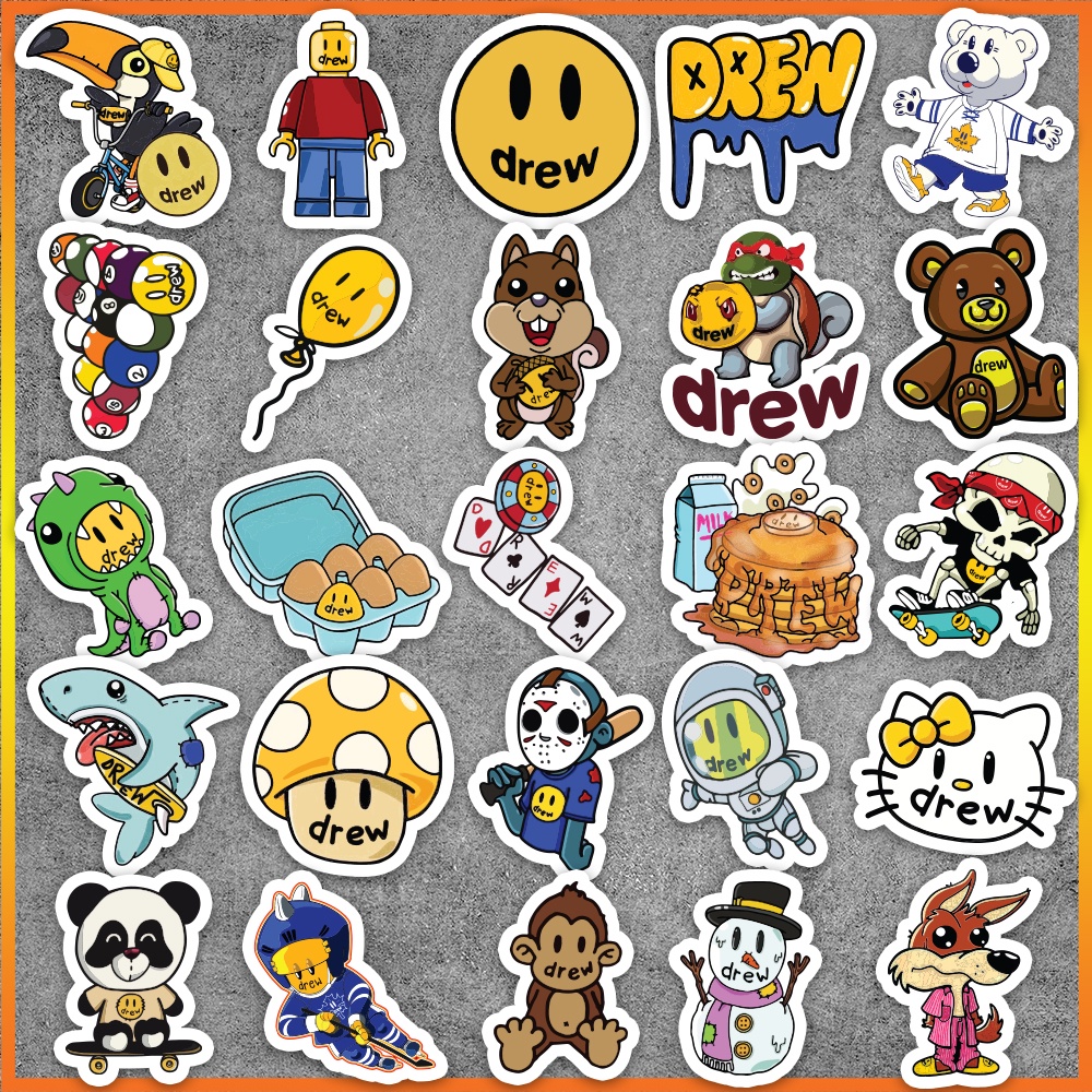 Set 50 cái Sticker Drew chống nước, Hình dán Drew House cute, Decal Drew dán vali, điện thoại, laptop