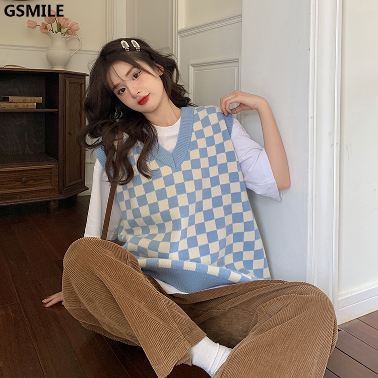 Áo Vest Dệt Kim Kẻ Caro Của Phụ Nữ Áo Len Cổ Chữ V Gấp Lại (Ảnh Chụp Thật Bằng Lông Cừu Cừu) | BigBuy360 - bigbuy360.vn