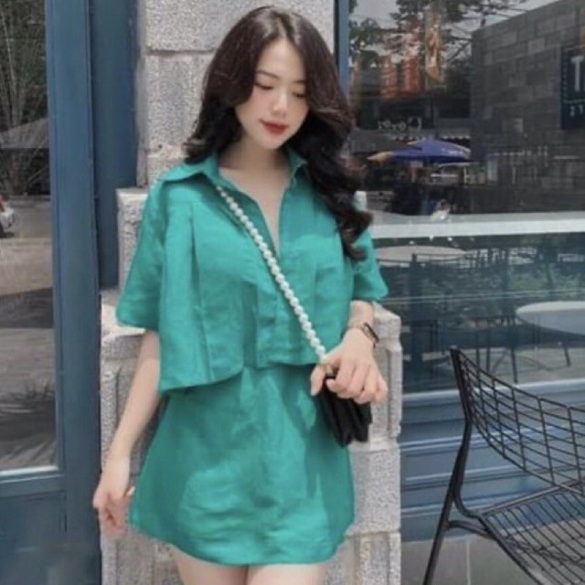 Set váy chữ a vải đuã kèm áo croptop cổ bẻ 🌱🌱🌱u