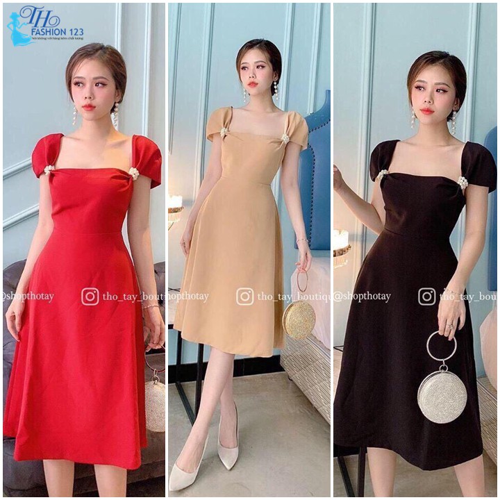 Đầm dự tiệc cổ vuông tay nhí màu da đỏ và đen công sở dự tiệc dạo phố - TH466