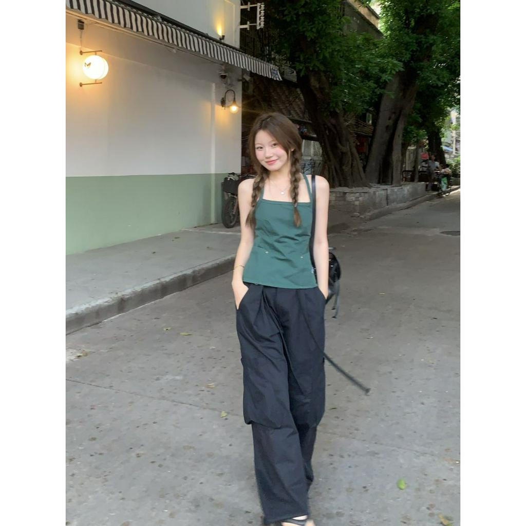 Porozi Áo croptop Hai Dây Màu Xanh Lá Thời Trang Mùa Hè Cho Nữ