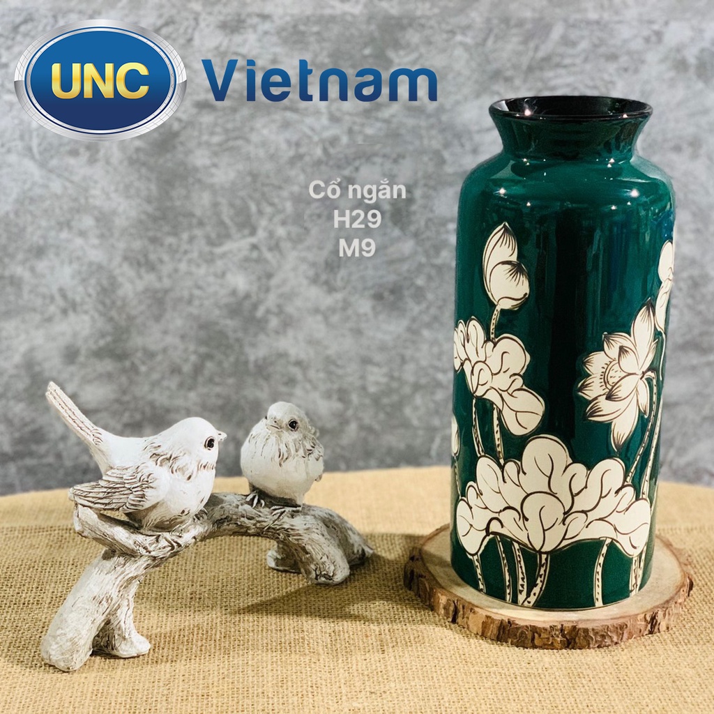 Lọ Hoa Sứ UNC Việt Nam - Men lục bảo cao cấp, họa tiết hoa sen, kiểu dáng sang trọng phong cách Châu Âu, nhiều size