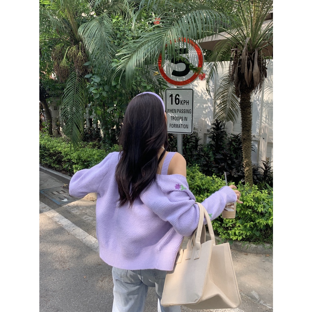 Bộ Áo Hai Dây Thêu Hoa + Áo Khoác Cardigan Dệt Kim Ngắn Thời Trang Hàn Quốc Cho Nữ