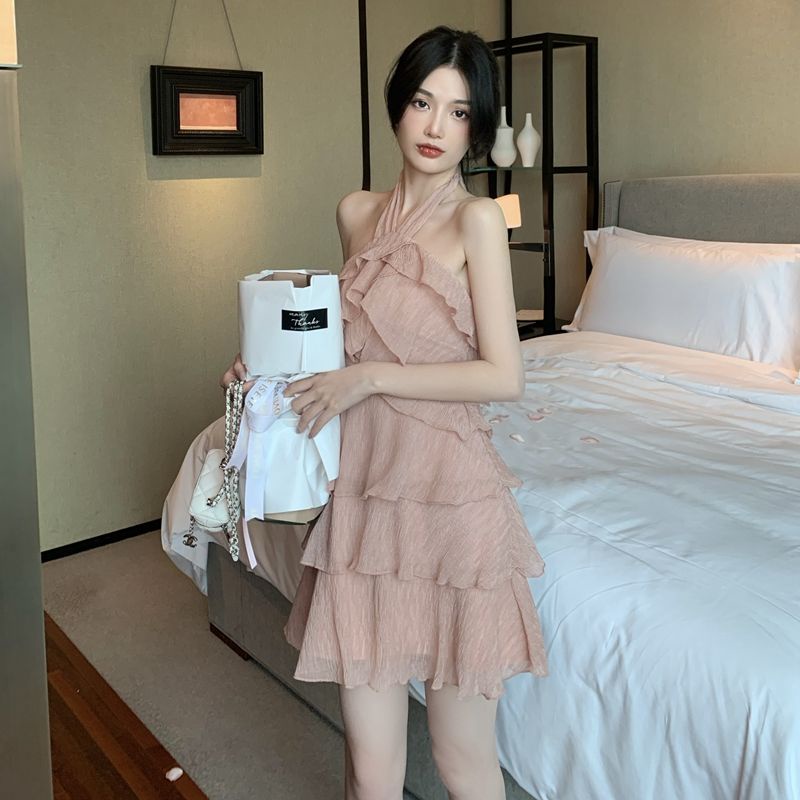 Đầm Voan Xếp Tầng Cổ Yếm Phong Cách Retro Quyến Rũ 2022 Dành Cho Nữ