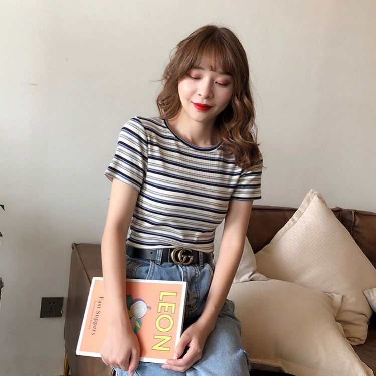Áo Thun Nữ Tay Ngắn Chất Liệu 95% Cotton Họa Tiết Kẻ Sọc Thời Trang Mới