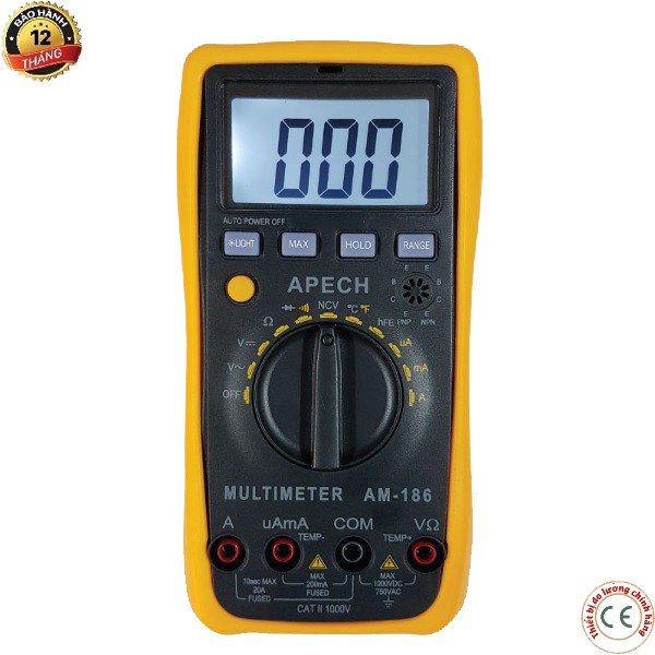 AM-186 Đồng hồ vạn năng điện tử APECH AM186 đo ACV/DCV, 20A, điện trở, thông mạch, diot, nhiệt độ, NCV, Max/min