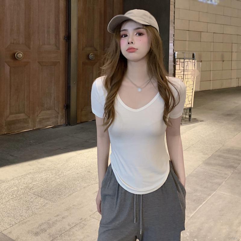 Áo thun tay ngắn cổ chữ V màu sắc đơn giản thời trang Hàn Quốc trẻ trung dành cho nữ