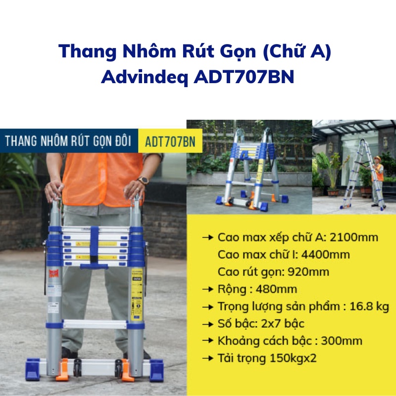 Thang nhôm rút chữ A nhập khẩu ADVINDEQ ADT707BN 8 đế cao su chắc chăn - Có bánh xe kéo - Hợp kim nhôm cao cấp