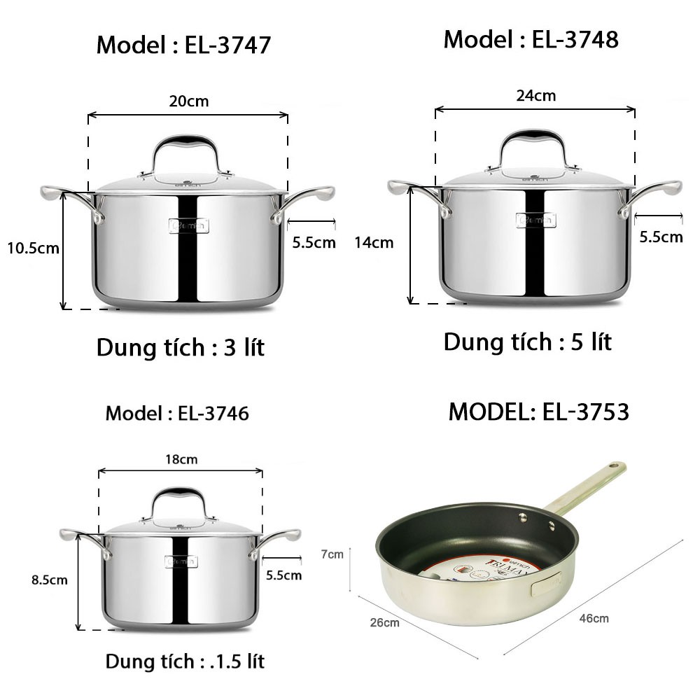 Bộ nồi và chảo 4 món Inox 304 cao cấp 3 lớp đáy liền Elmich Trimax XS EL-3744 size 18, 20, 24, chảo chống dính 26cm