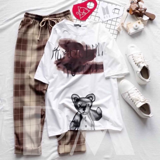 Sét áo 3D gấu + quần karo nâu