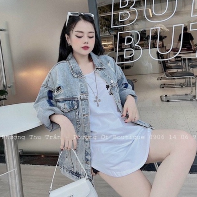 Áo Khoác Bò Jeans Trơn Rách Dáng Rộng Cá Tính