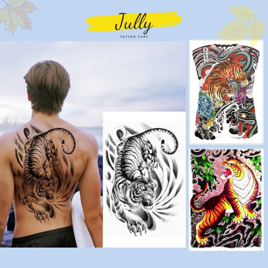 Hình xăm kín lưng hổ, chúa sơn lâm JULLY Tattoo chất, xăm tạm thời chống nước full lưng cho nam