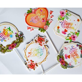 Set 5 thiệp hoa Happy birthday trang trí bánh sinh nhật sinh nhật, Set Cắm giấy hiện đại