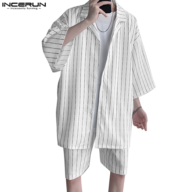 Set trang phục INCERUN với áo sơ mi kẻ sọc ngắn tay và quần ngắn lưng thun thời trang cho nam