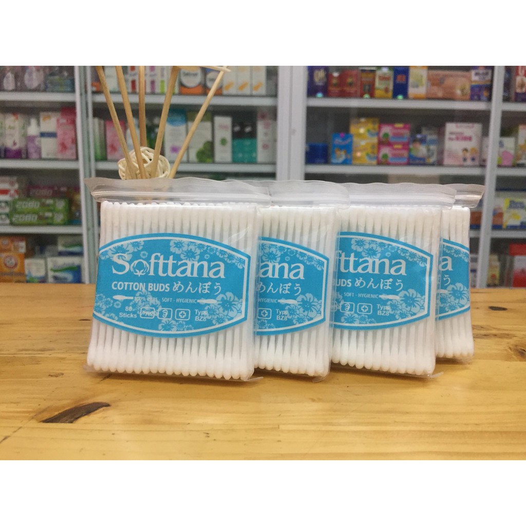 Tăm bông lấy ráy tai mũi cho người lớn và em bé Softtana - Bông rấy tai dạng túi ( 80 que 1 túi )- Chất lượng, dày dặn