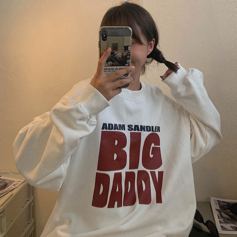 Áo sweater tay dài cổ tròn dáng rộng in chữ cá tính trẻ trung